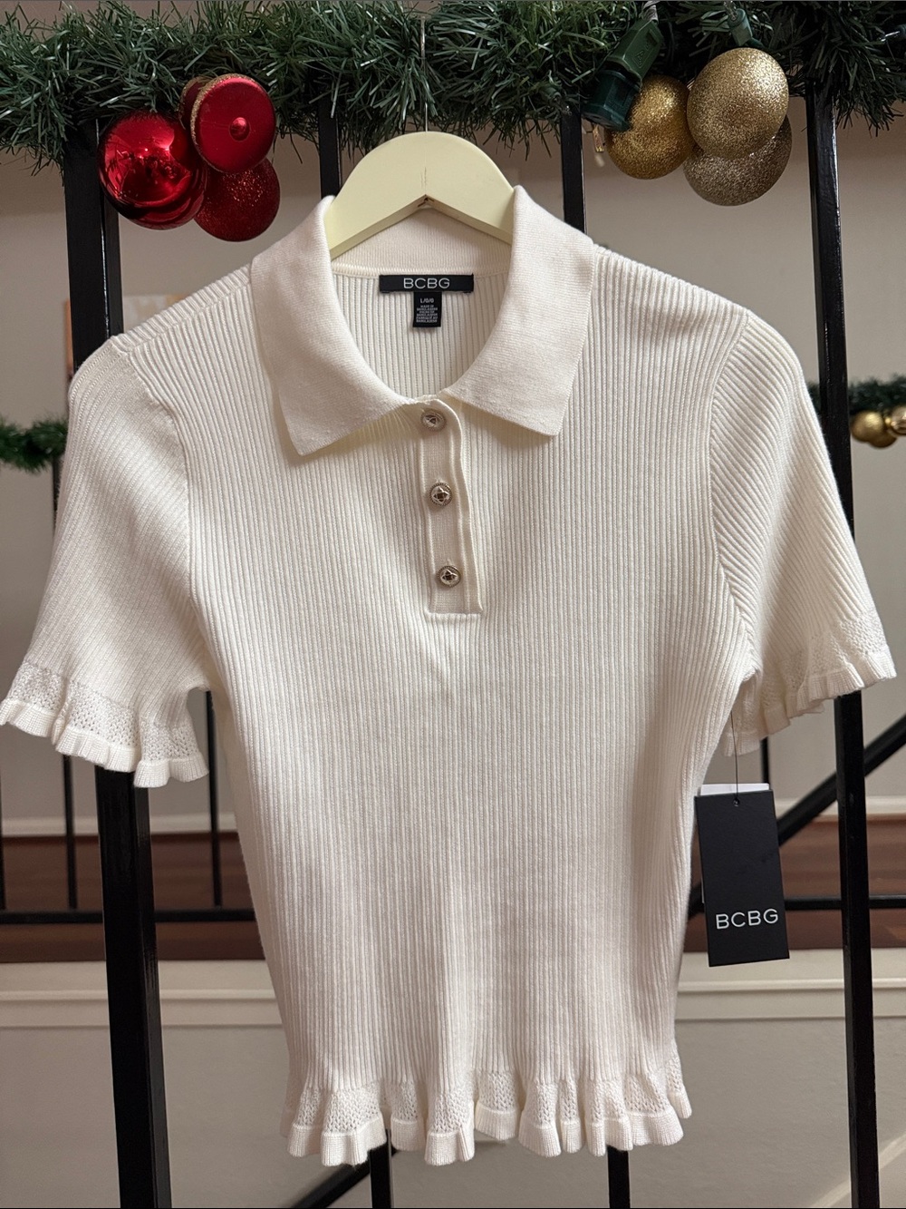 BCBG Cream Ribbed Polo Top with Ruffle Trimmed Hem & Sleeves